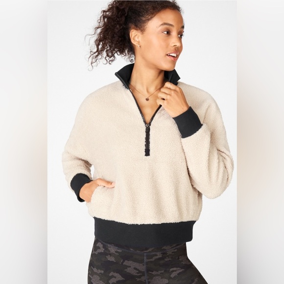 Fabletics Dream Polar Fleece Pullover Large cream black cropped half zip Sherpa - Picture 1 of 10